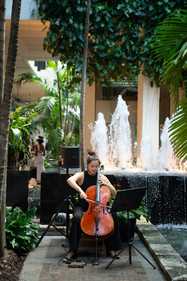 Woman playing a chello in front of a fountain