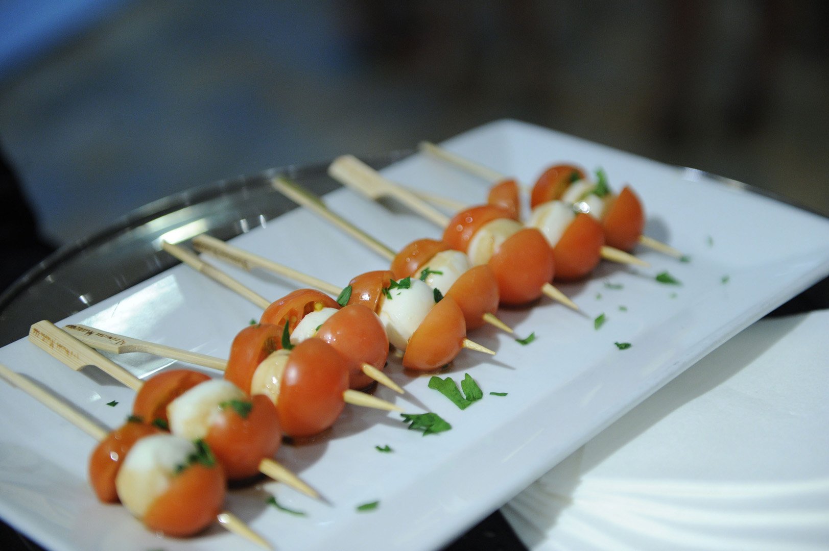 Caprese hors d’oeuvre on a serving tray