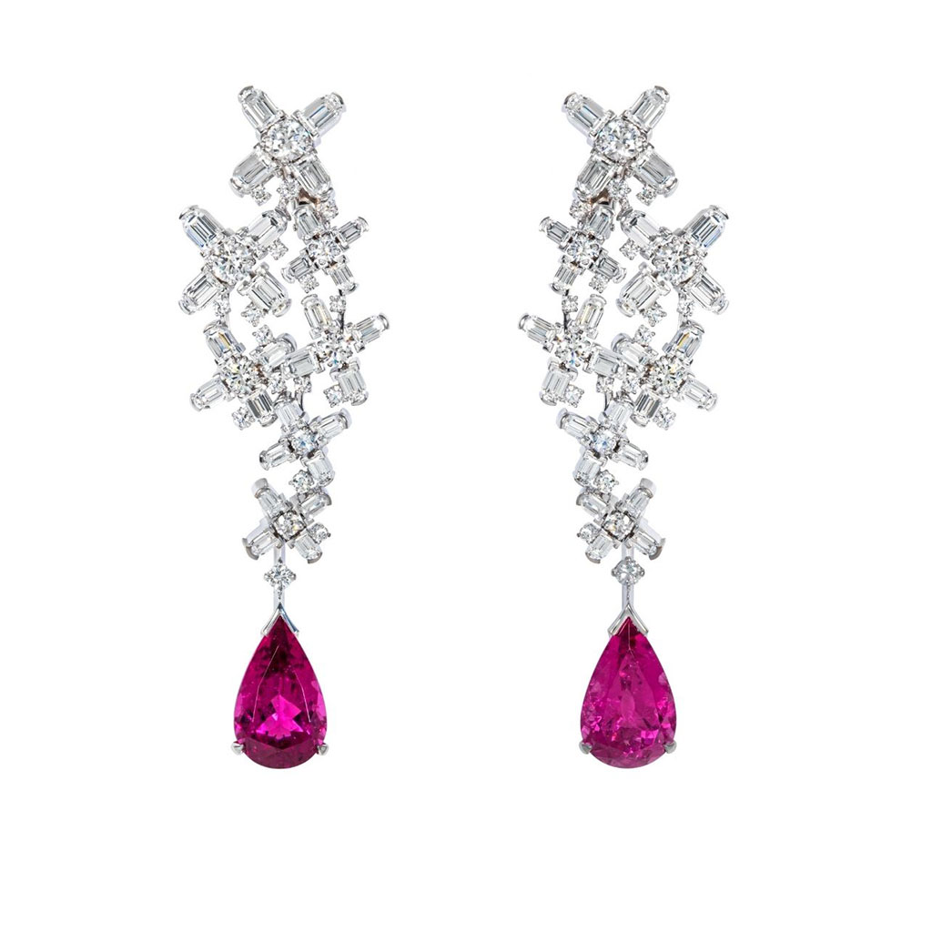 Diamond drop down earrings with pink gem