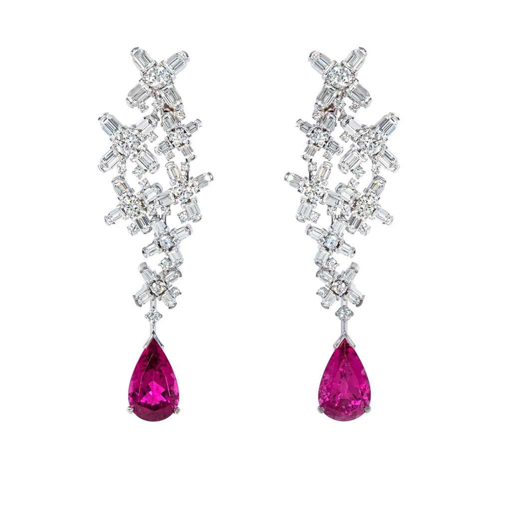Diamond drop down earrings with pink gem