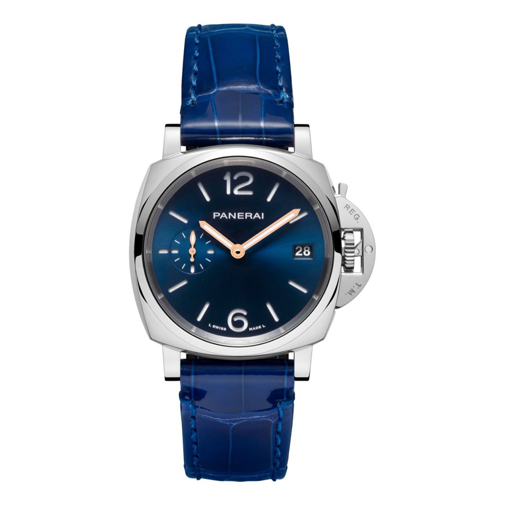 Watch with blue face, blue strap and silver hardware