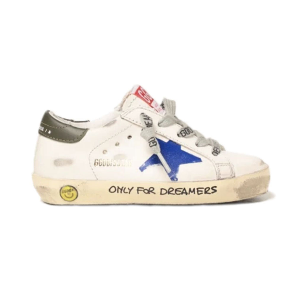 White leather 'Super-Star' low-top kids sneakers from featuring logo patch to the sideand at the tongue, distressed effect, front lace-up fastening, round toe and flat rubber sole.