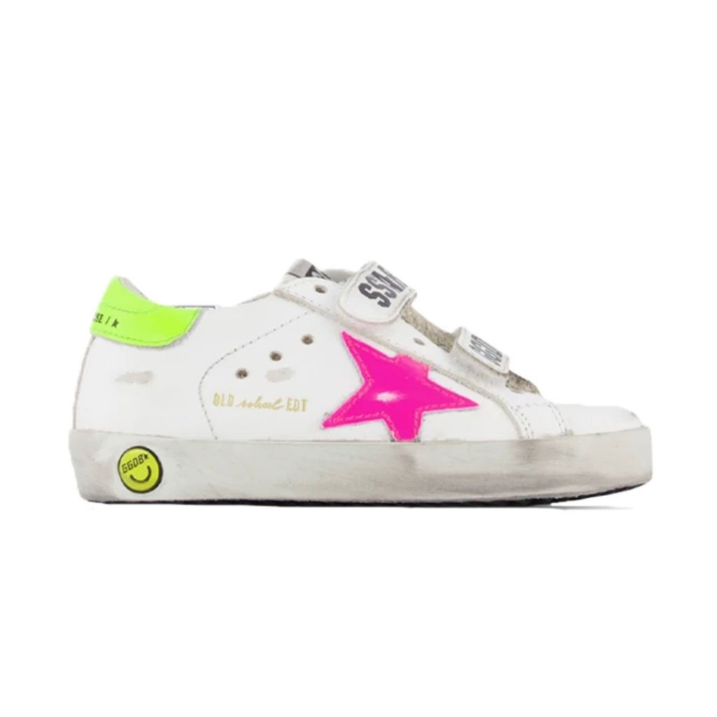 White sneakers with bright pink star on the side, neon yellow back and smiley face.