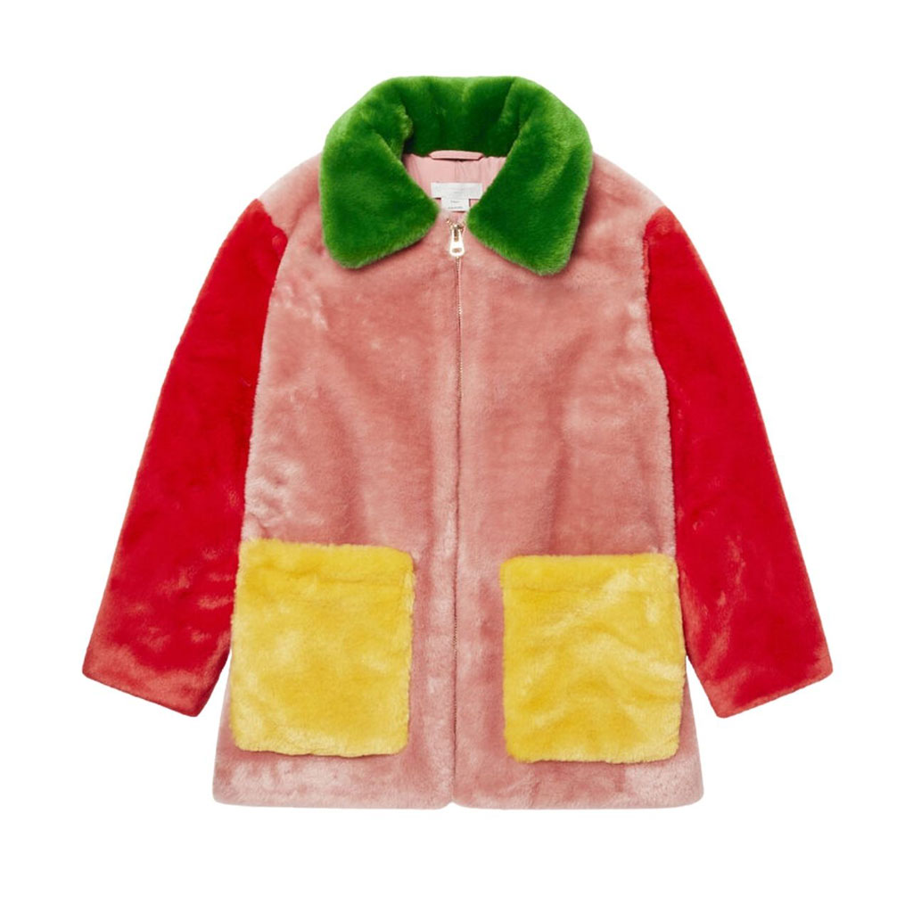 Pink and red fleece coat with yellow front pockets and green collar