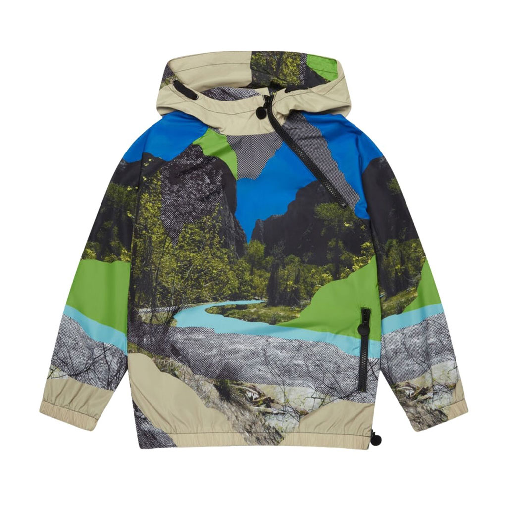 Multicolored hooded jacket with a mountain landscape print and zipper detailing