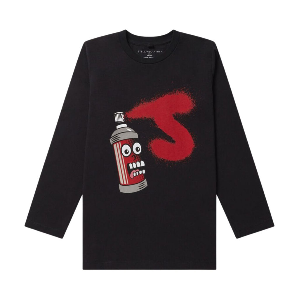 Black long-sleeved shirt with red spray can and S graphic.