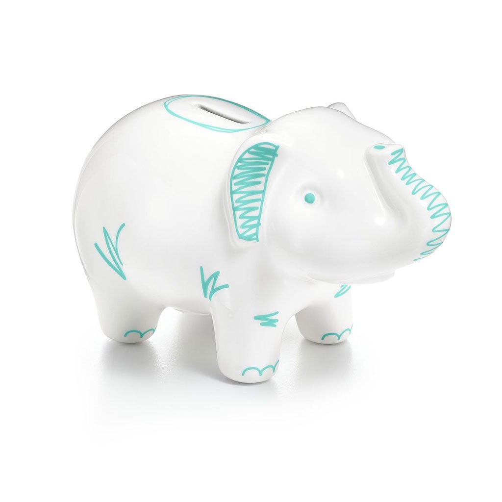 White elephant bank in earthenware with Tiffany blue accents.