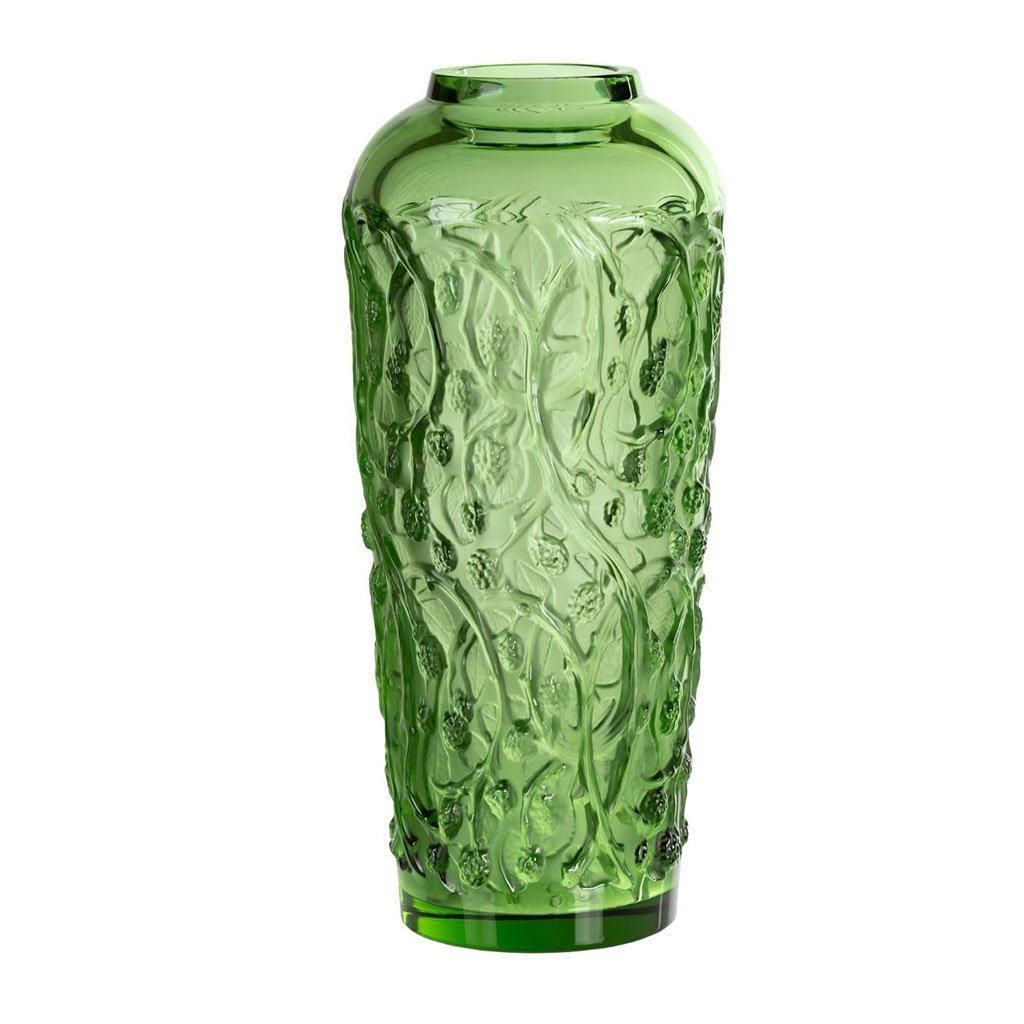 Tall green crystal vase with vine leaf detailing