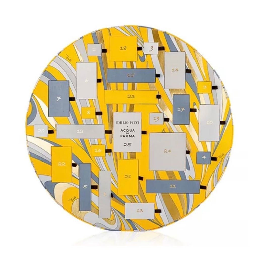 Round advent calendar featuring Acqua di Parma and Emilio Pucci branded candles and fragrances