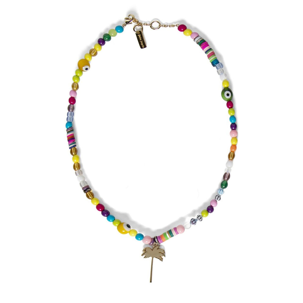 multicolored beaded necklace with palm tree charm