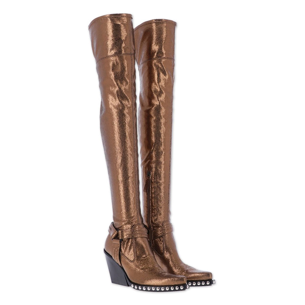 Bronze over-the-knee boots with stacked heel and studded sole