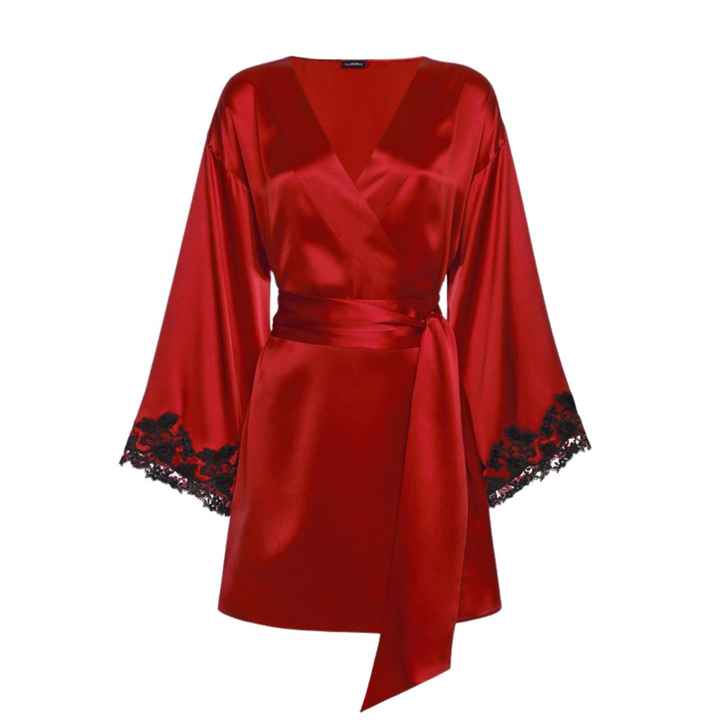 Red silk robe with black lace lining