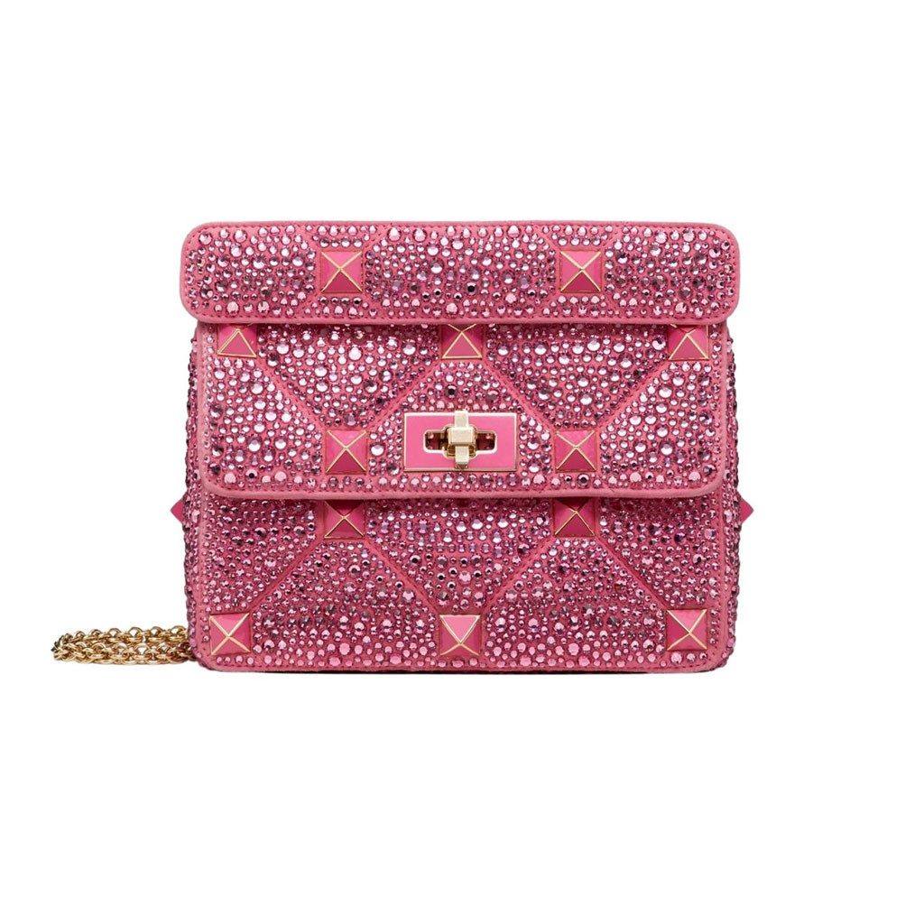 Pink shoulder bag with crystal embelishments