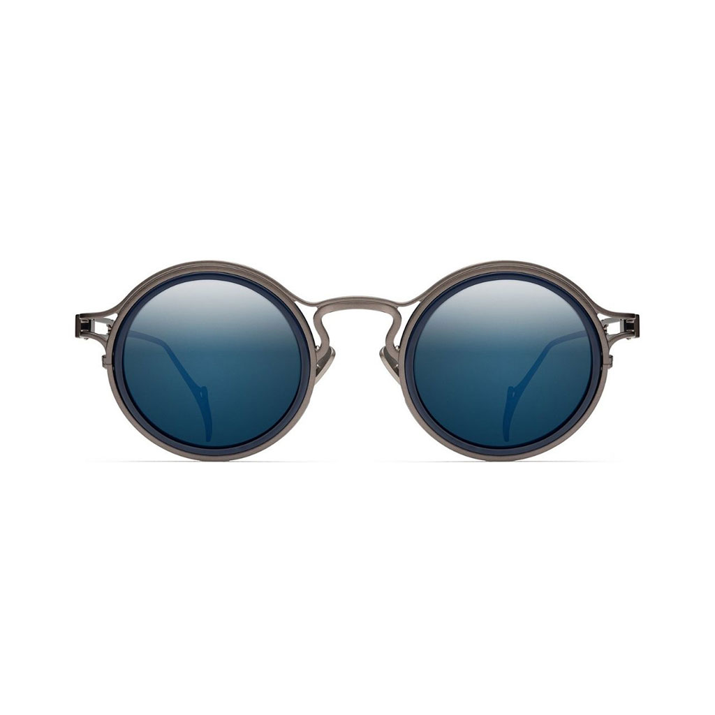 Round framed sunglassed with gunmetal blue lenses.