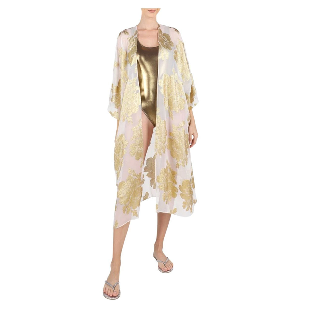 White shear open front cover up with gold embroidered florals