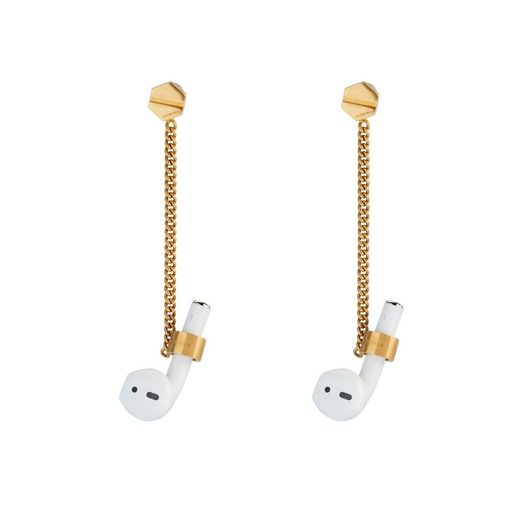 Yellow gold and brass earrings with air pod holders.