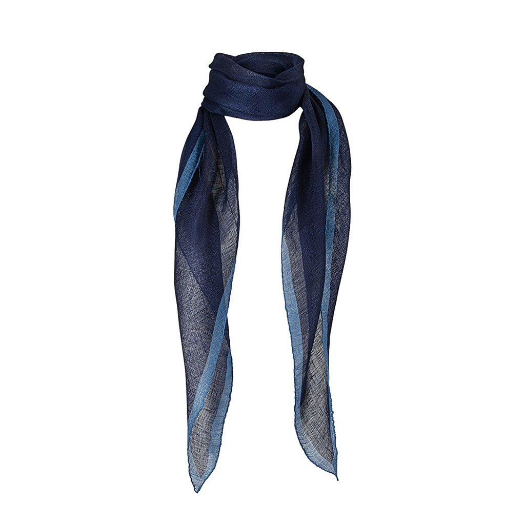 Dark blue linen scarf with light blue trim.