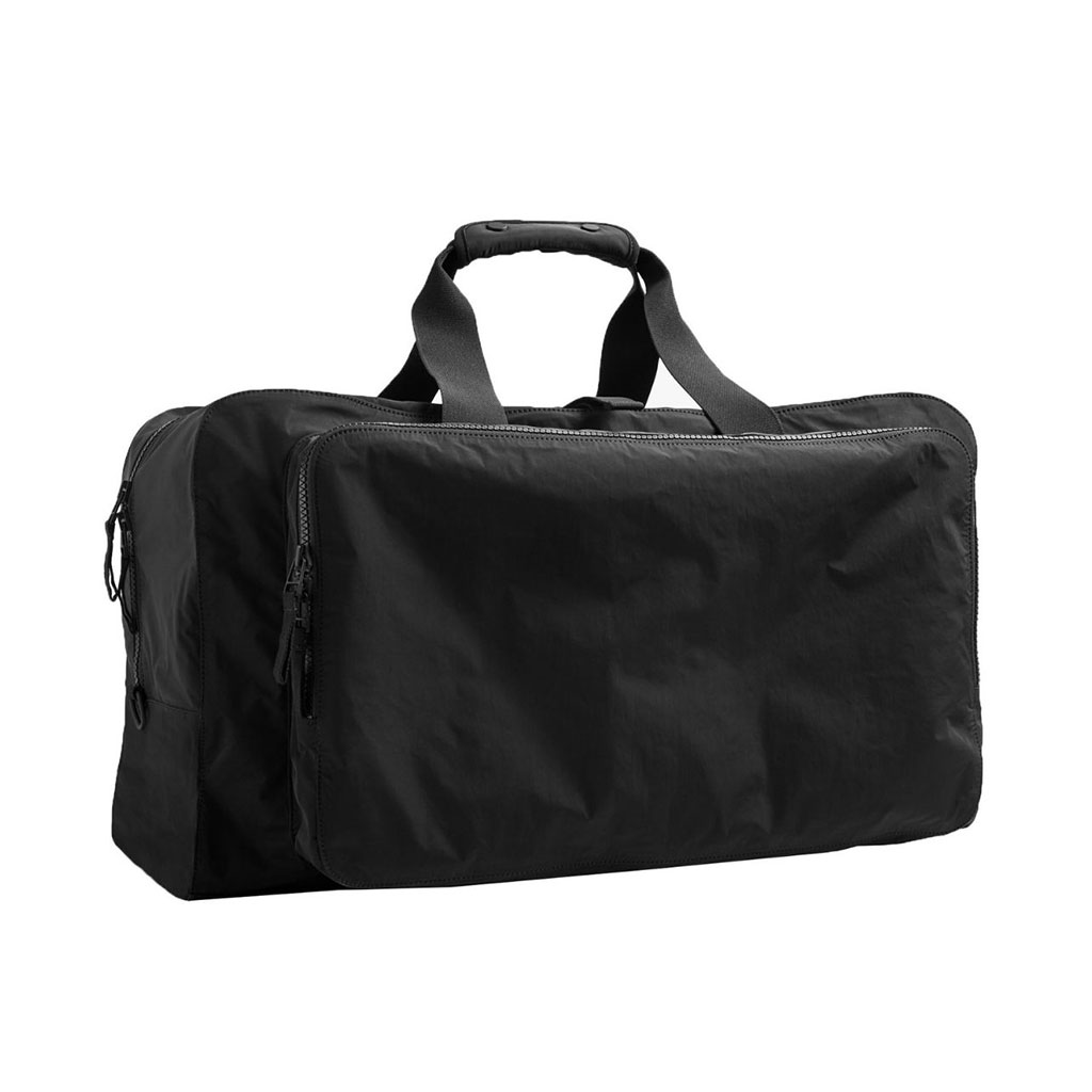 Black nylon duffle bag with front zip pocket.