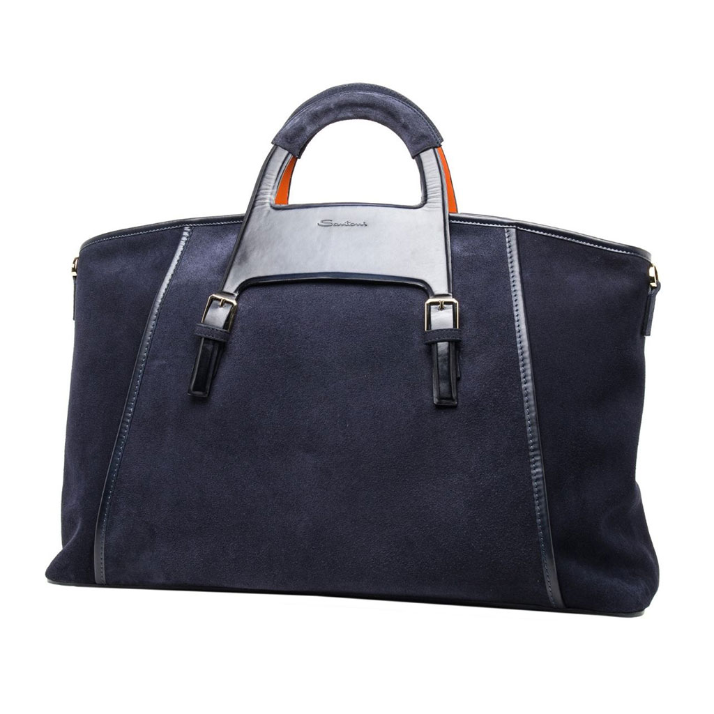 Blue leather medium tote bag with long strap.