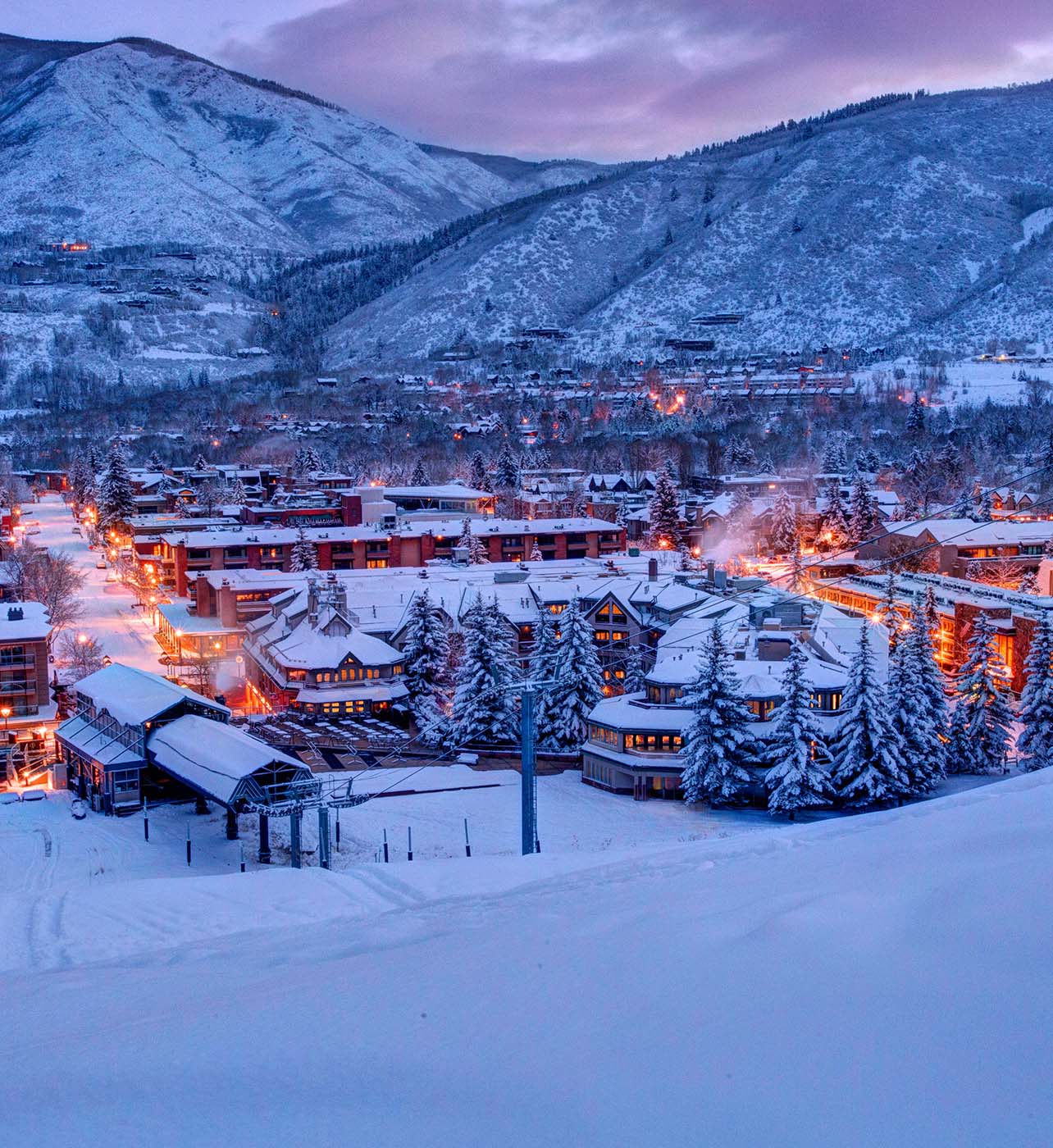 View of Aspen village at night