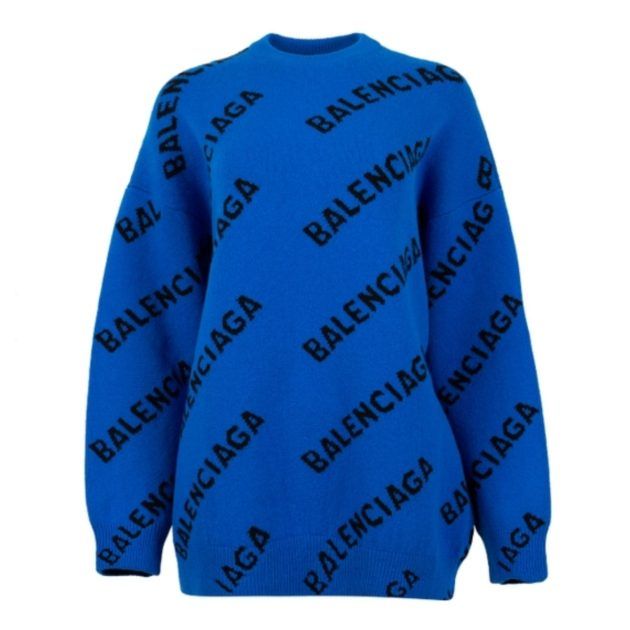 Royal blue Balenciaga crew neck sweater with black Balenciaga logo