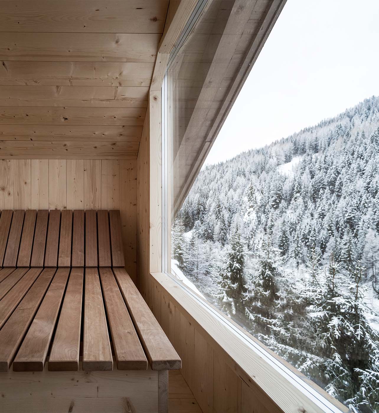 An indoor sauna overlooks a snowy treetop landscape in the Dolomites