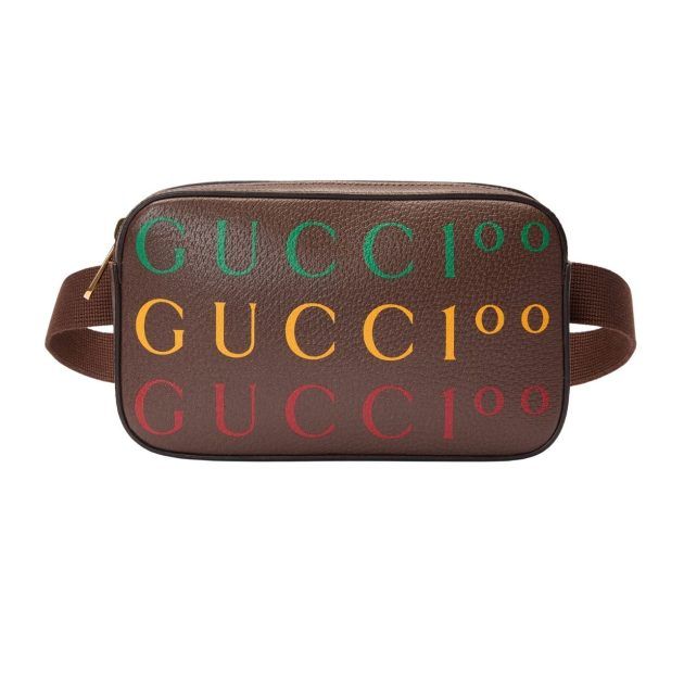 Brown Gucci belt bag with Gucci lettering