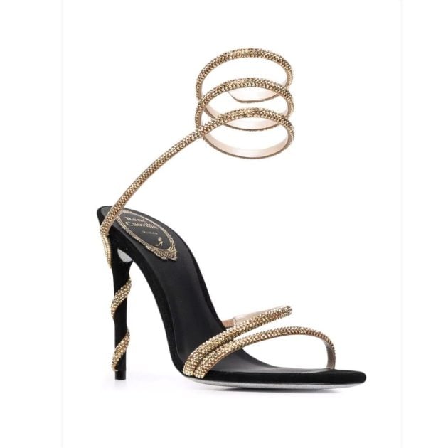 Black heeled sandal with gold detailing