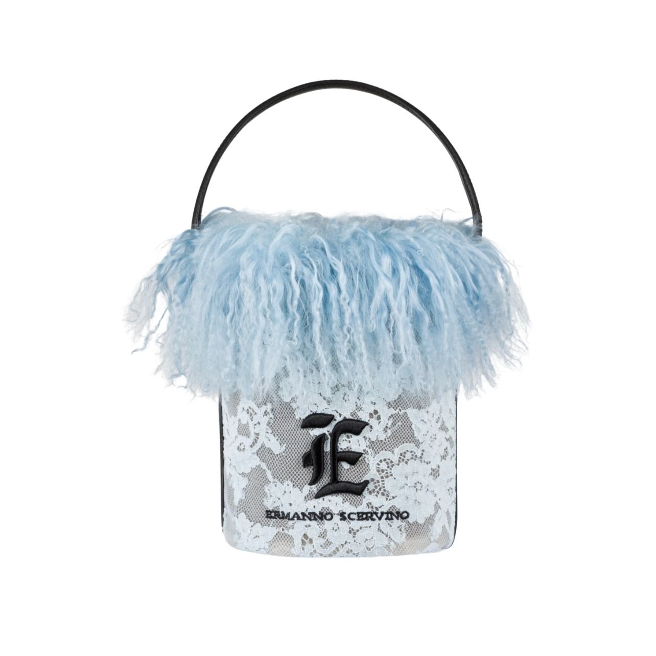 Ermano scervino blue bucket bag with fur detail