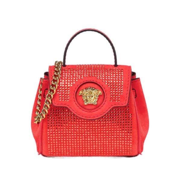 Red embellished top handle bag