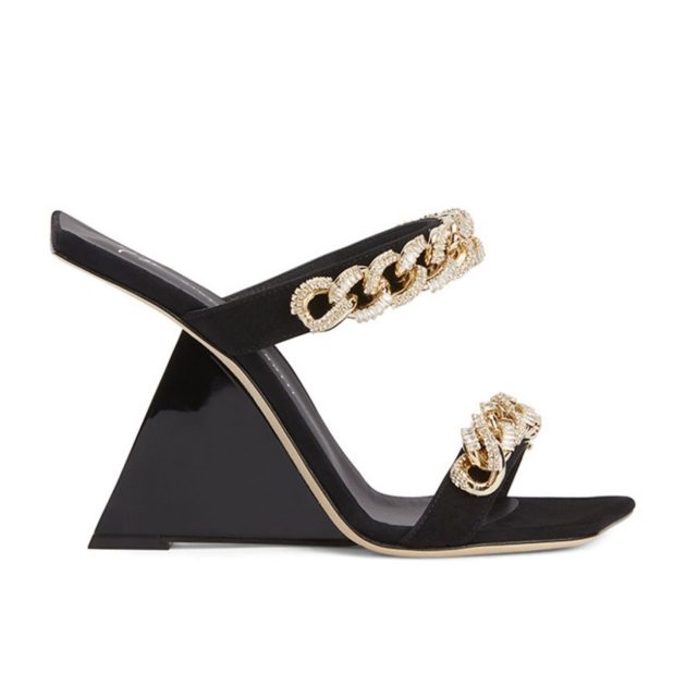 Black patent wedge with gold chain detailing