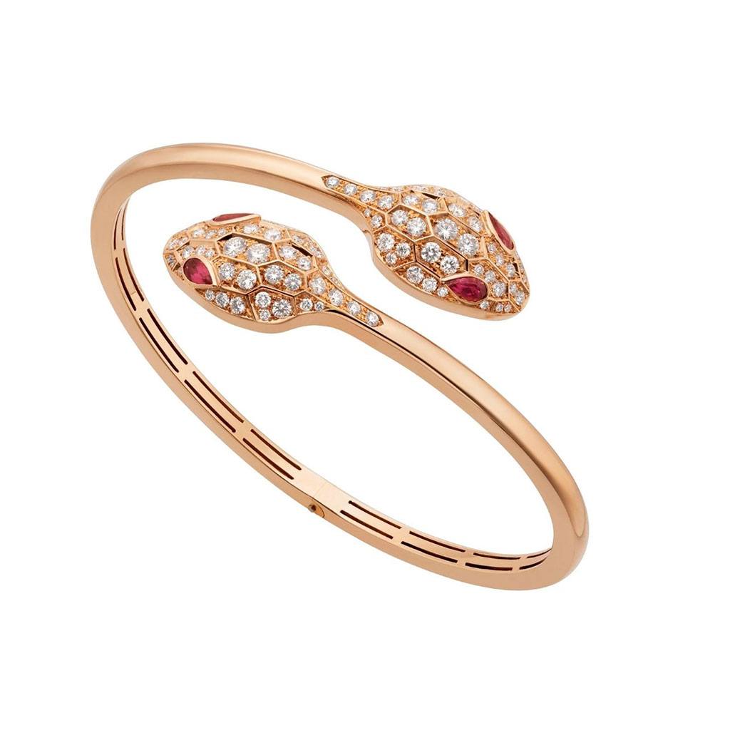 Serpenti 18kt rose gold bracelet with rubellites and pavé diamonds