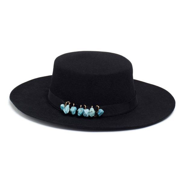 Black wide brim hat with turquoise stones