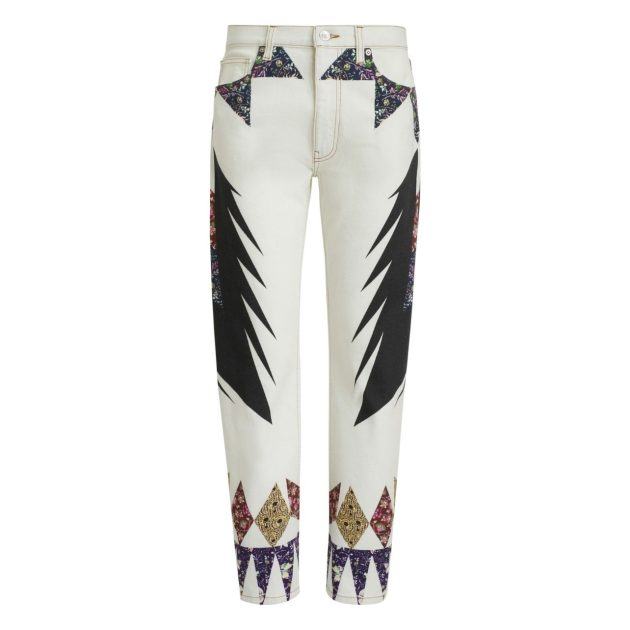 White denim jeans with floral patches