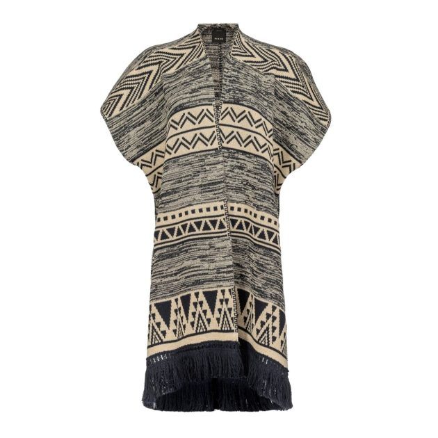 Black and white aztec print poncho with fringe detailing