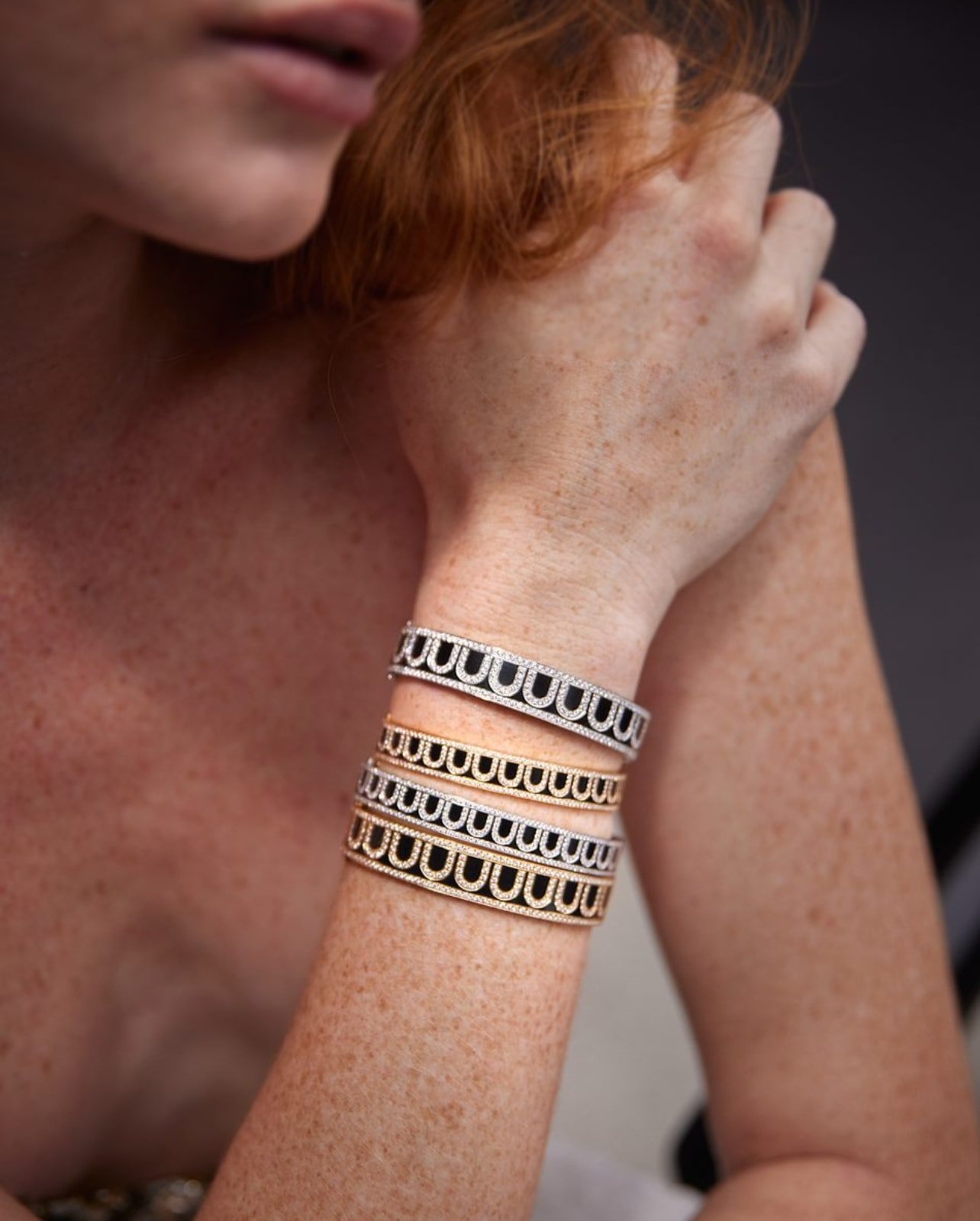 Model wearing stacked Davidor diamond bangles