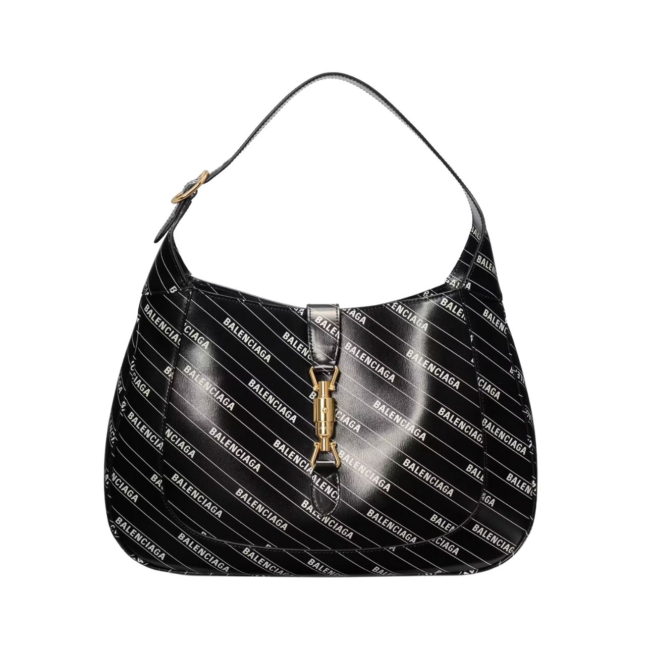 Black Gucci shoulder bag with white Balenciaga lettering