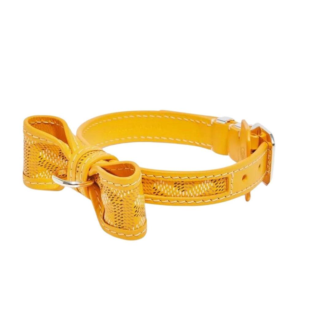 Yellow bowtie leather collar in signature Goyard print