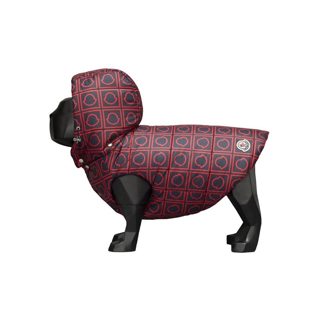 Red and black hooded puffer vest with Moncler logo shape pattern