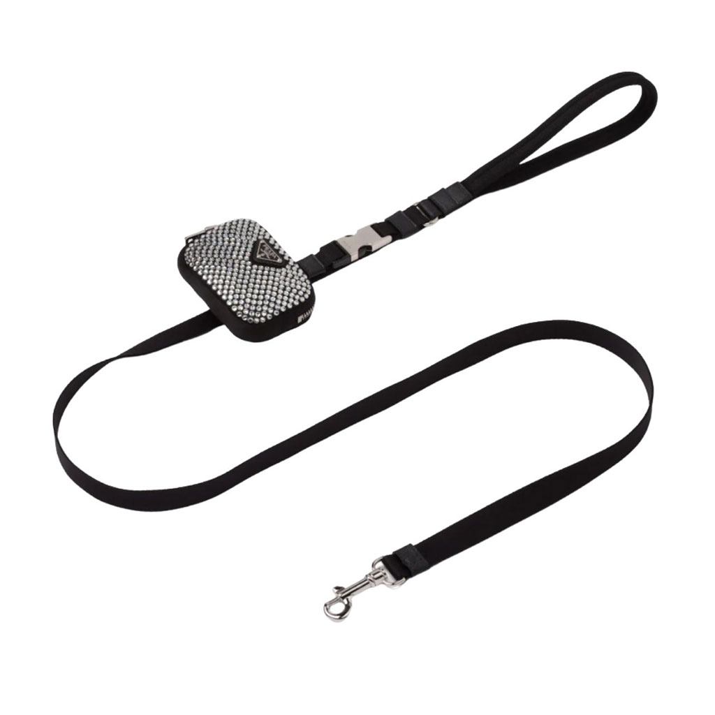 Black nylon pet leash with crystal embellished attached mini pouch