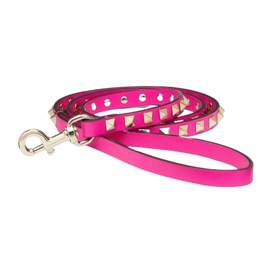 Bright pink leather leash with metal studs