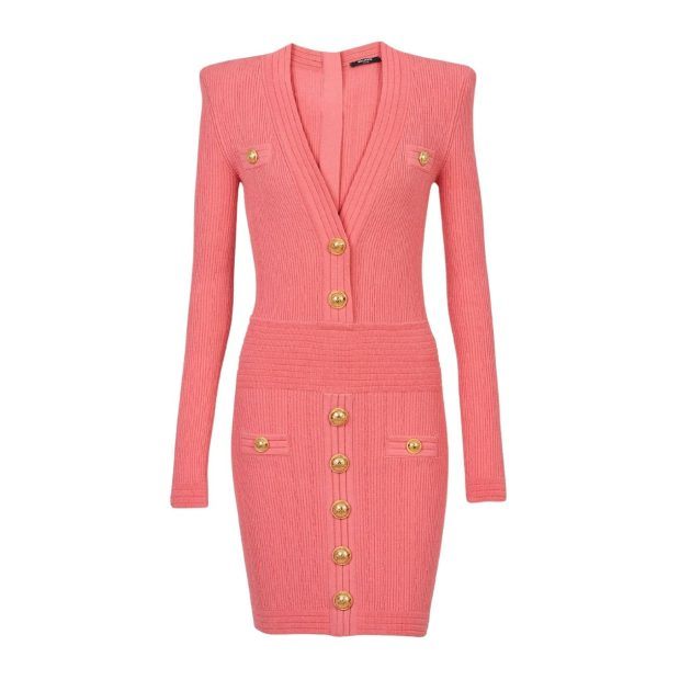 Pink mini dress with gold buttons down the front