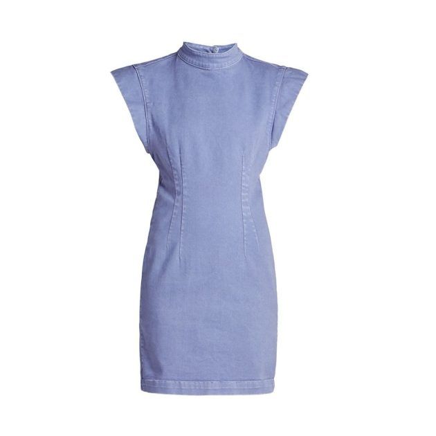 Blue denim mini dress with high neck detail