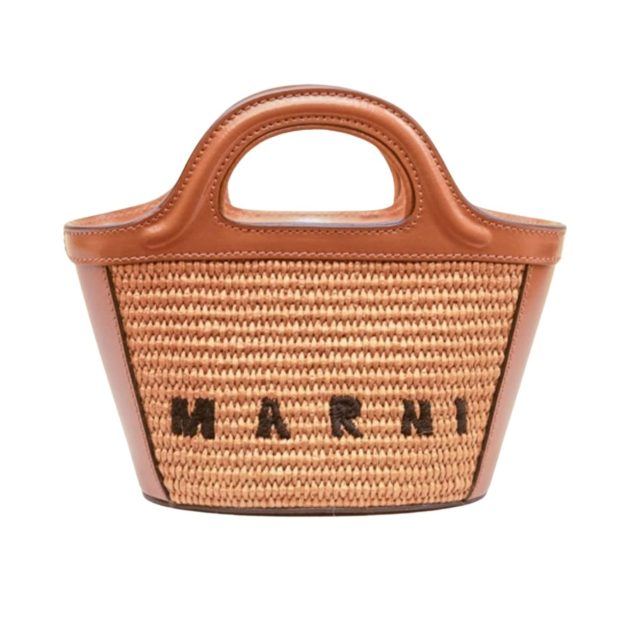 Straw Marni mini bag with black “Marni” lettering on the front