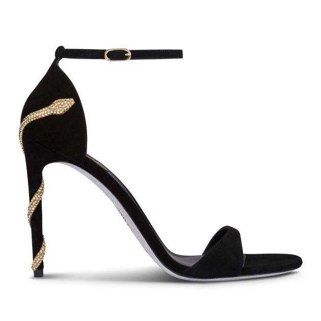 Black sandal with golden snake wrap detail on the heel