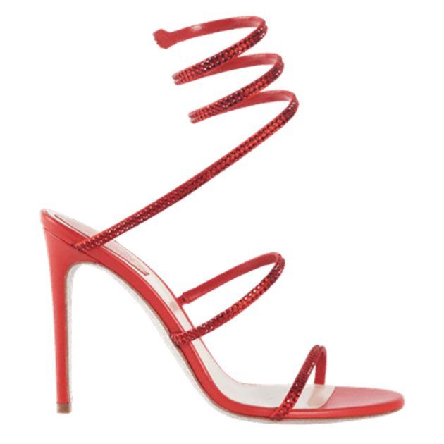 Red heeled sandal with rhinestone wrap-up straps