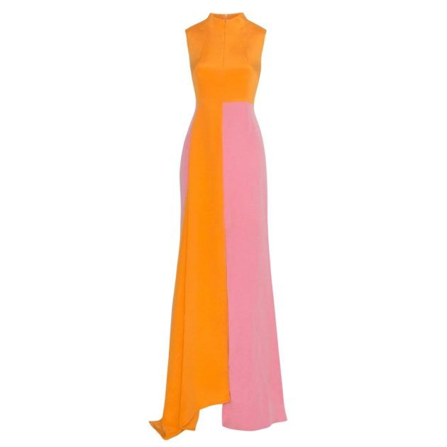 Orange and pink color block midi dress