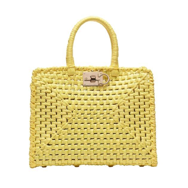 Yellow top handle tote bag with yellow woven detail