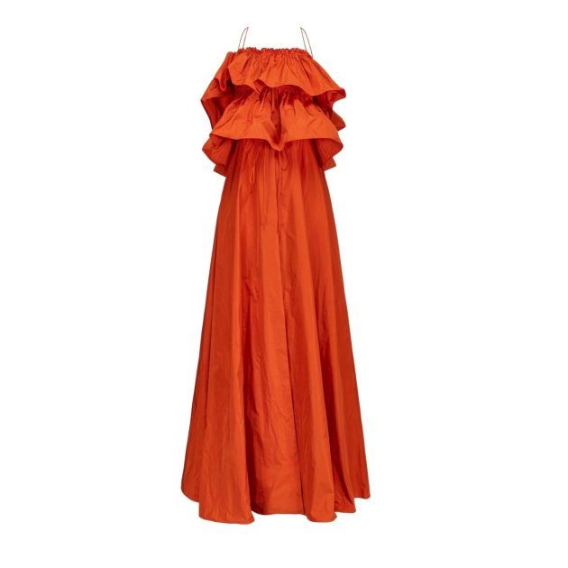 Orange strapless maxi dress with ruffle detailing