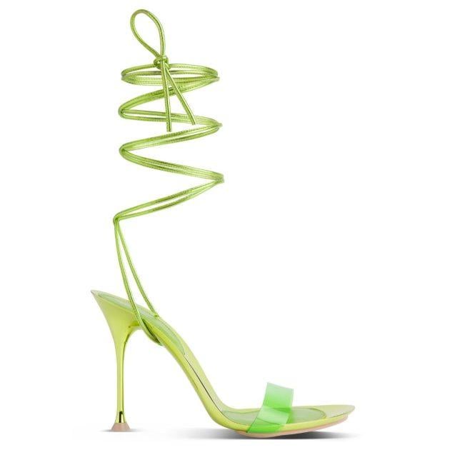 green wrap up heeled sandal